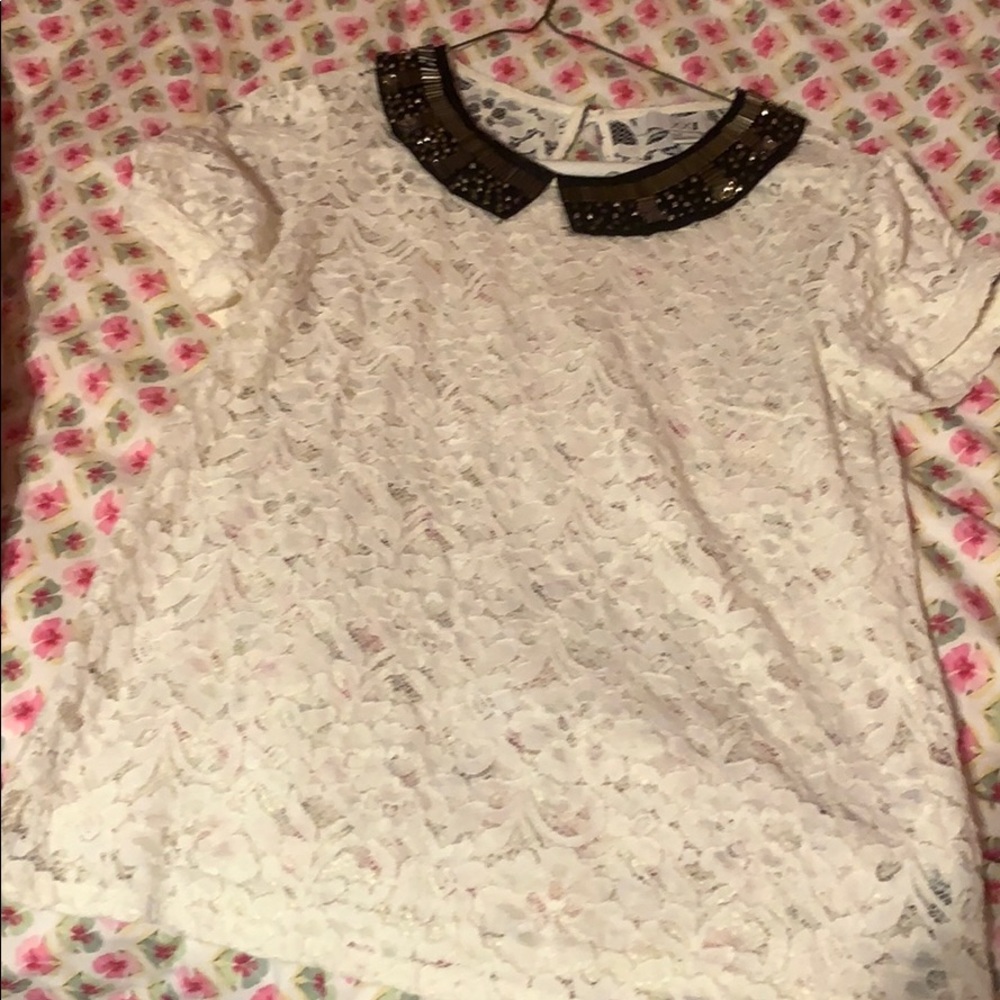 Lace top with beaded collar